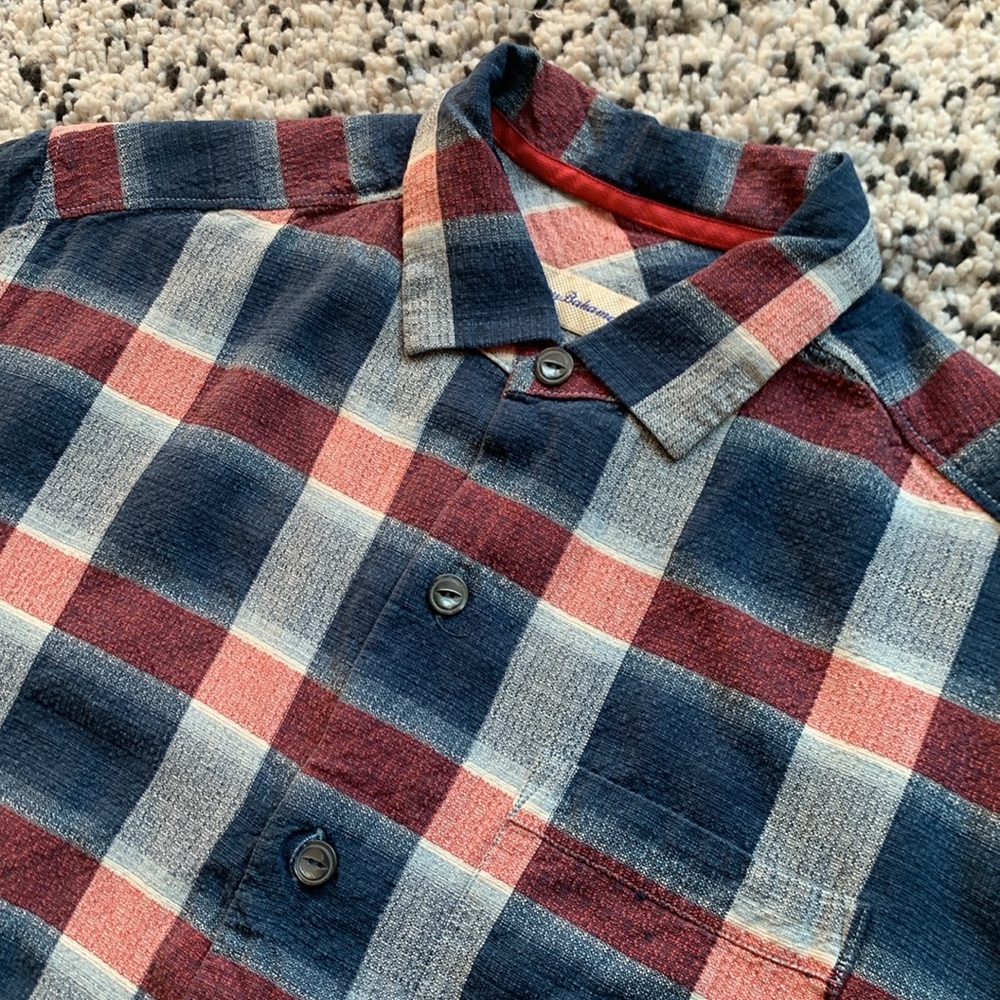 Tommy Bahama 100% Silk Shirt Blue Red Plaid Short Sleeve Button Up Men's Medium - Picture 9 of 15